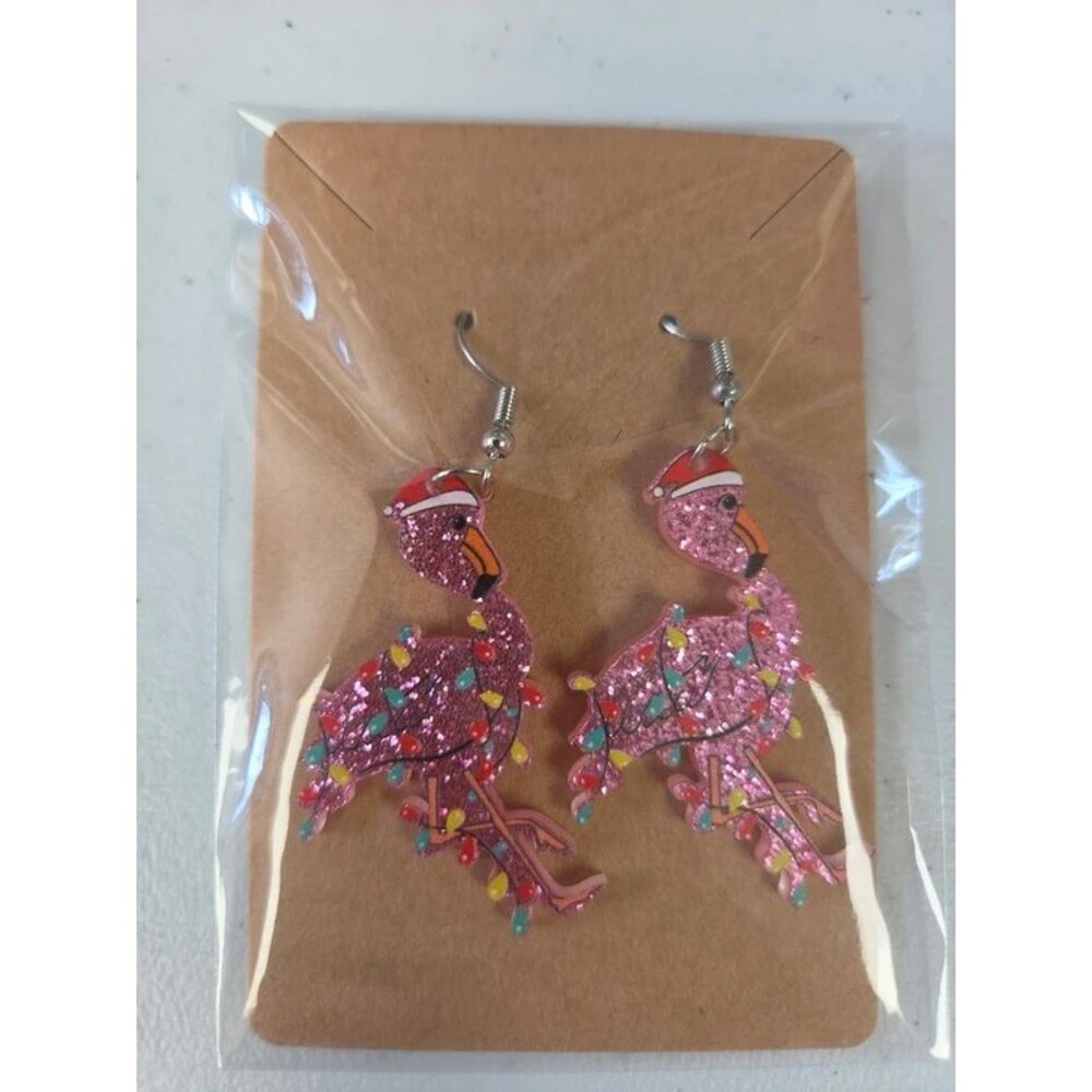 Christmas Flamingo sparkly pink dangle women's jewelry accessory earrings